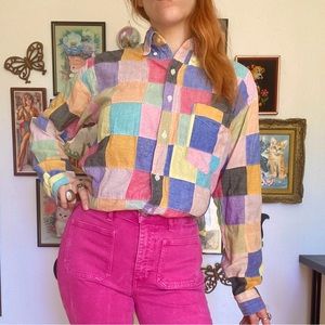 Vintage 90s rainbow patchwork button down blouse